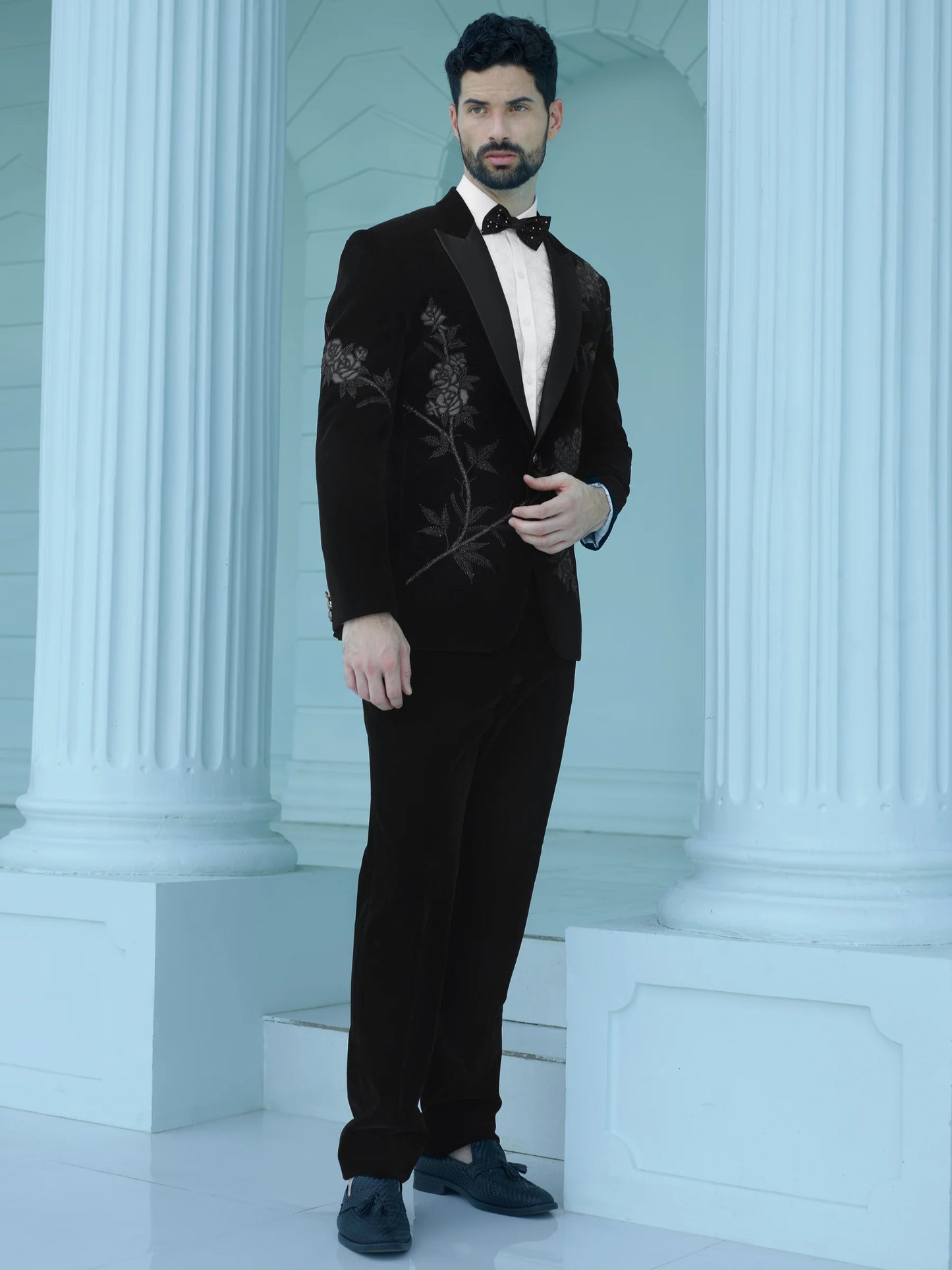 Opulent Black Floral Velvet Suit