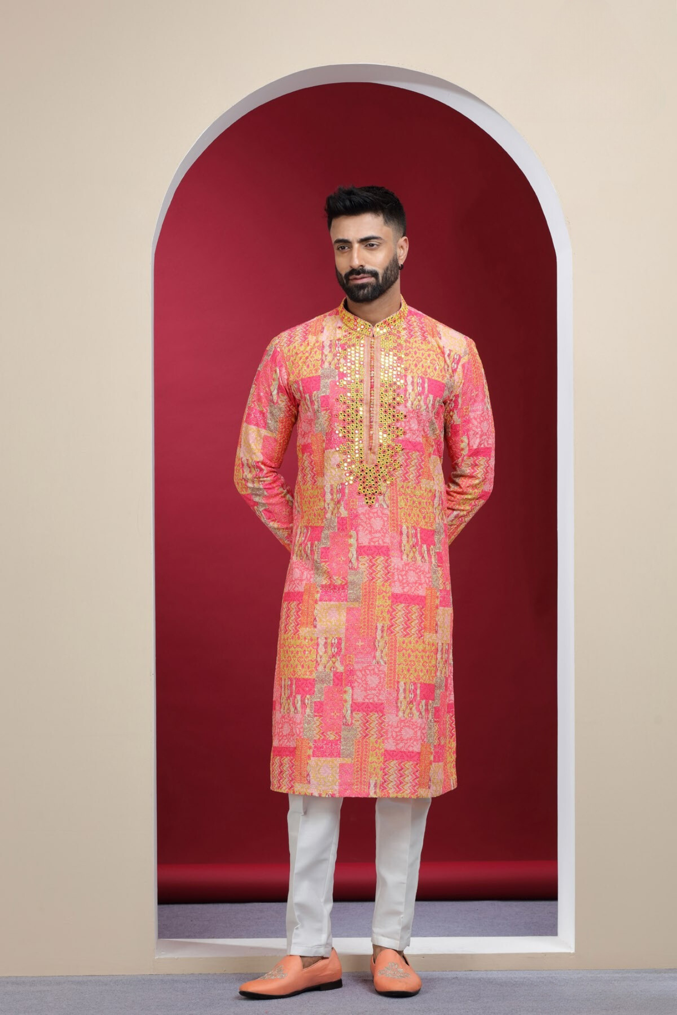 Pink Mirror Work & Printed Kurta Set