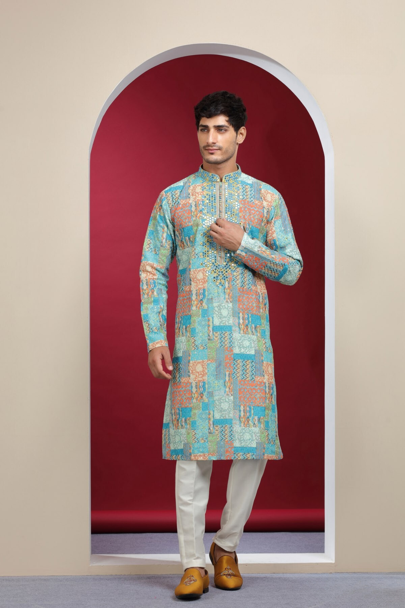 Sky Blue Mirror Work & Printed Kurta Set