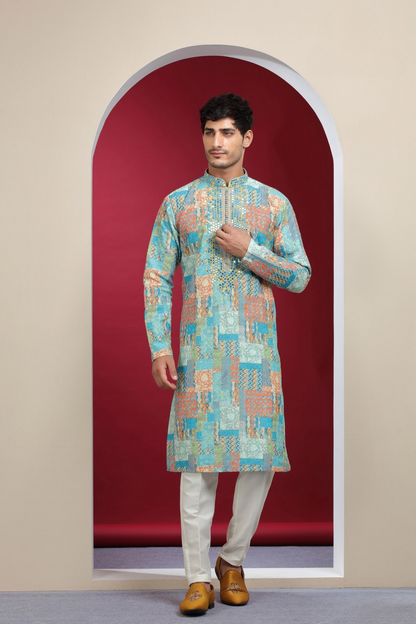 Sky Blue Mirror Work & Printed Kurta Set