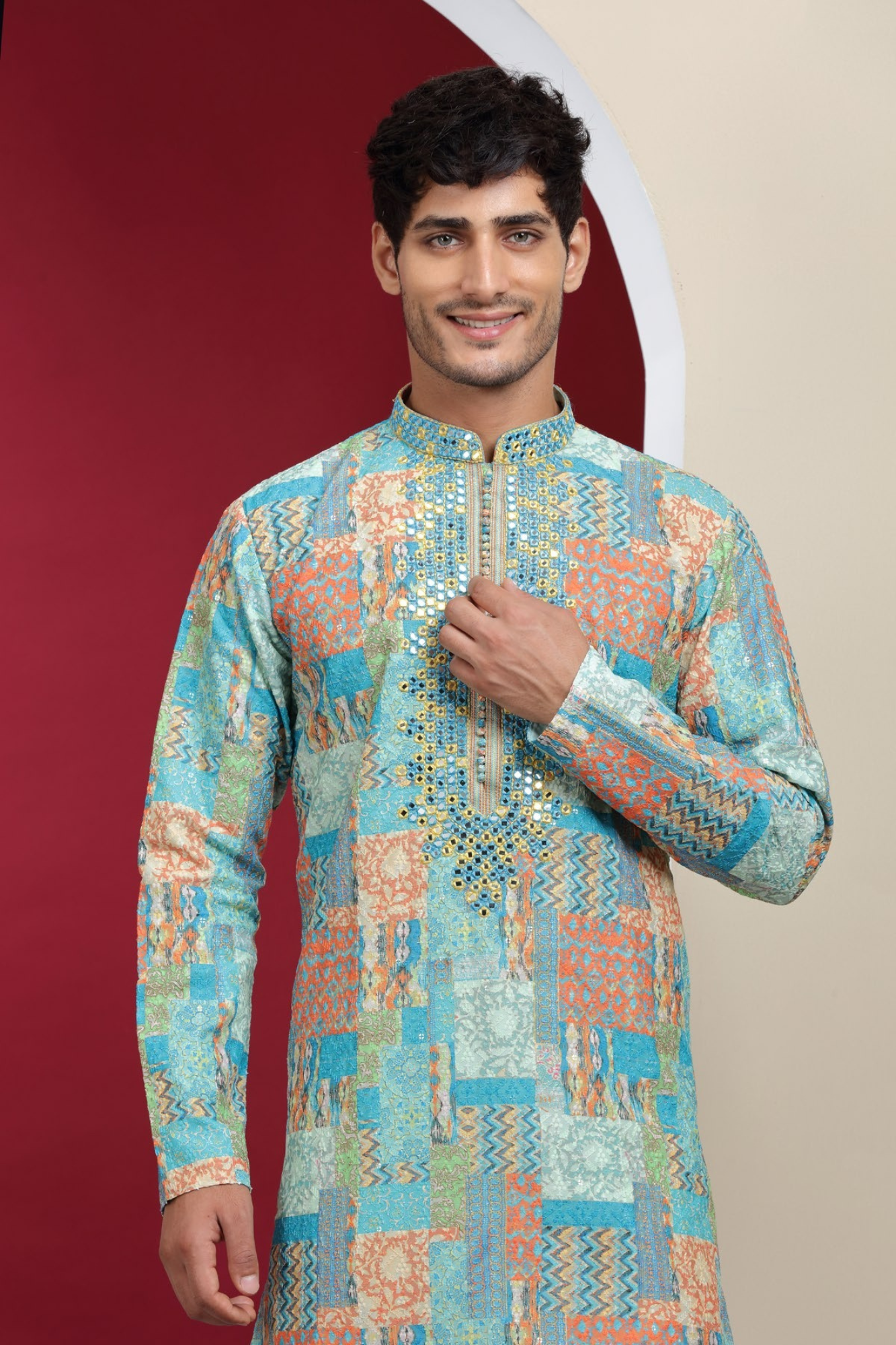 Sky Blue Mirror Work & Printed Kurta Set