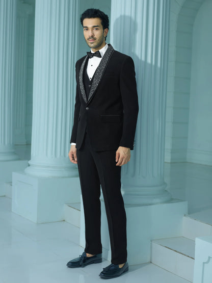 Sleek Black Suit with Embellished Lapel