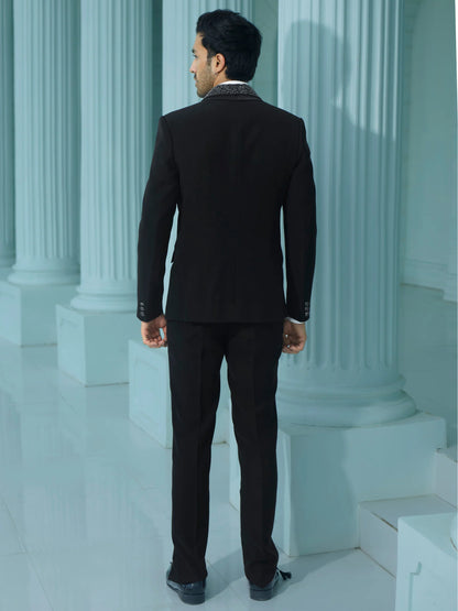 Sleek Black Suit with Embellished Lapel