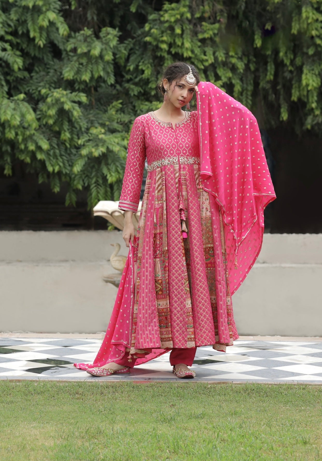 Khwabidah Pink Anarkali with Floral Dupatta Set