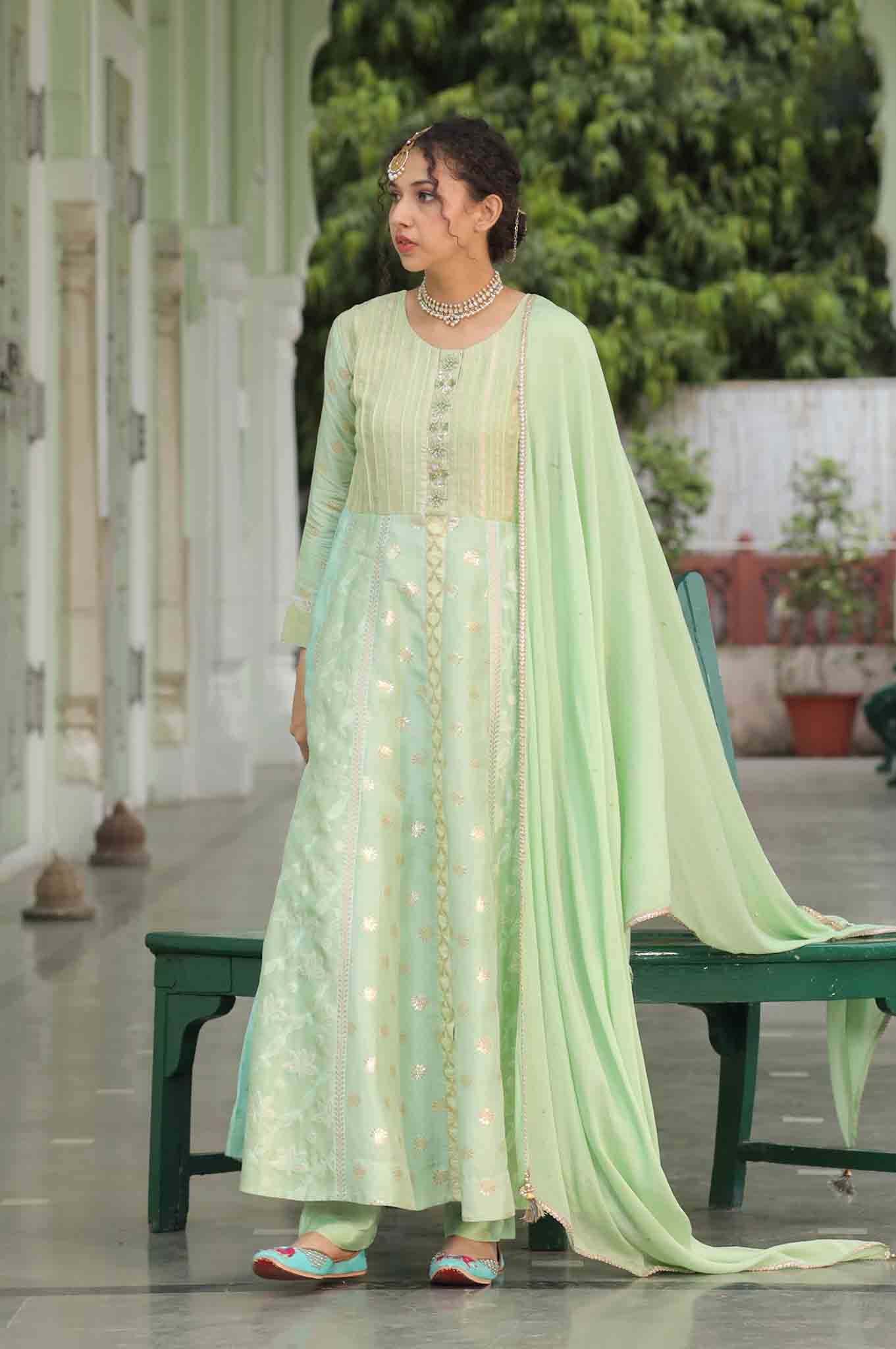 Pista Green Jacquard Anarkali suit set