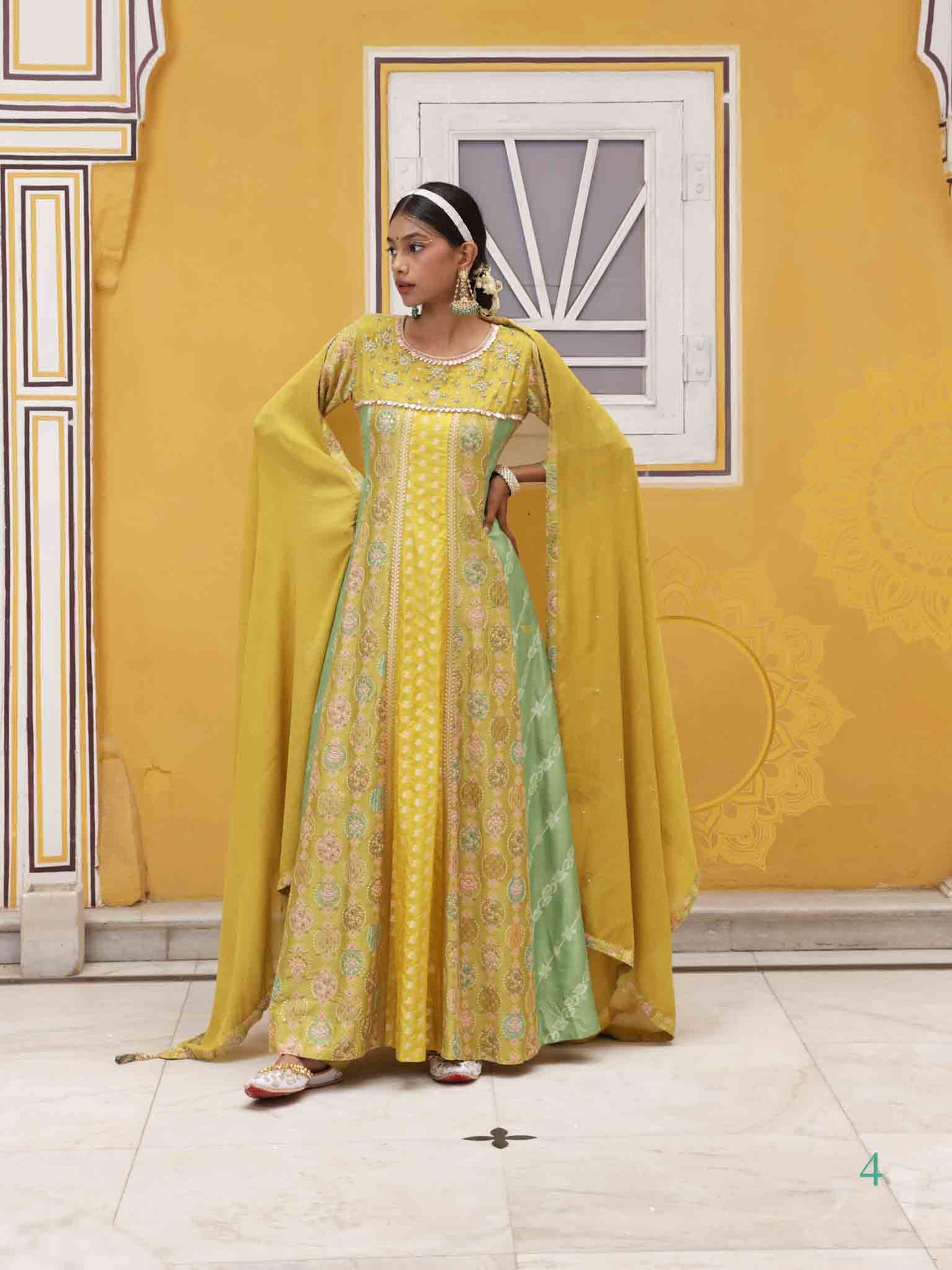 Olive Green & Yellow Anarkali Set with Dupatta