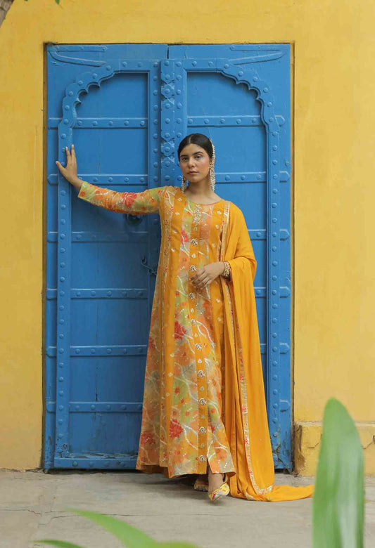 Yellow Jacquard Anarkali Set