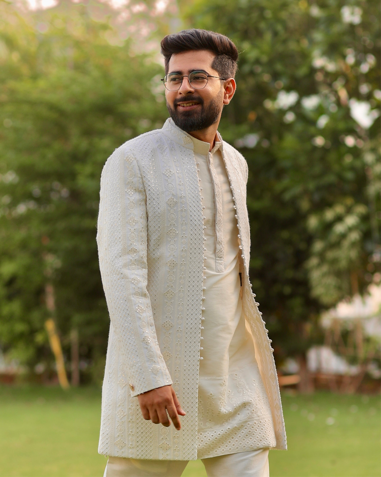 Ivory Thread Embroidered Indo-Western with Kurta & Jacket