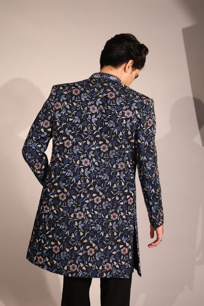 Midnight Blue Floral Embroidered Indo-Western Set