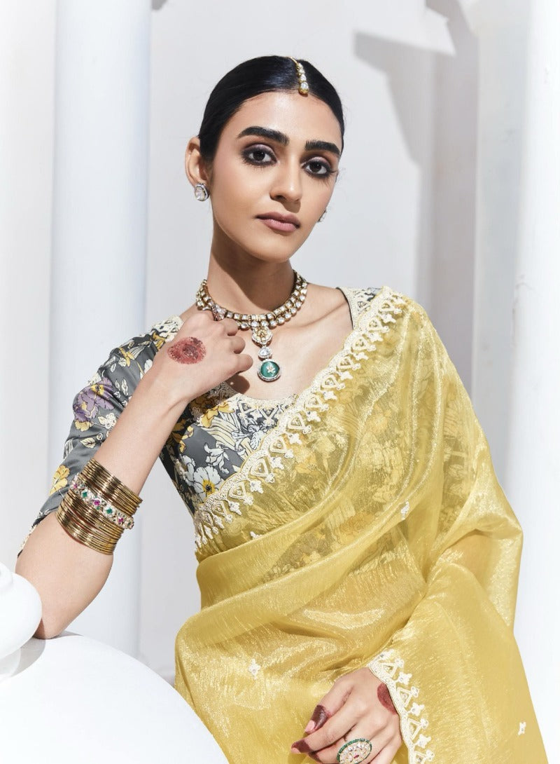Organza Yellow Embroidered Classic Saree