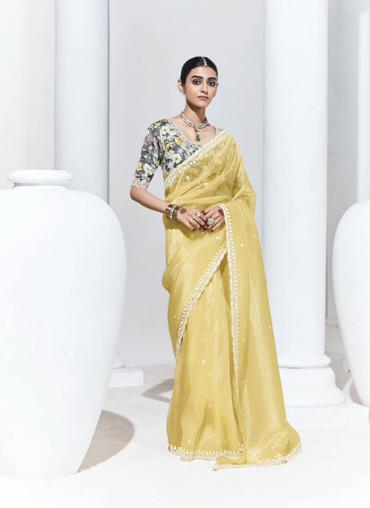 Organza Yellow Embroidered Classic Saree