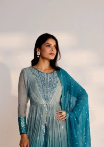 Two Tone Shade Indo Dress With Dupatta Set