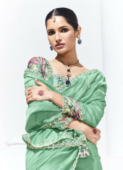 Organza Teal Traditional Wear Saree with Embroidery Work