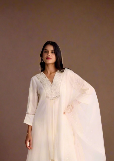 Milky White Up-Down Kurti Pant Set