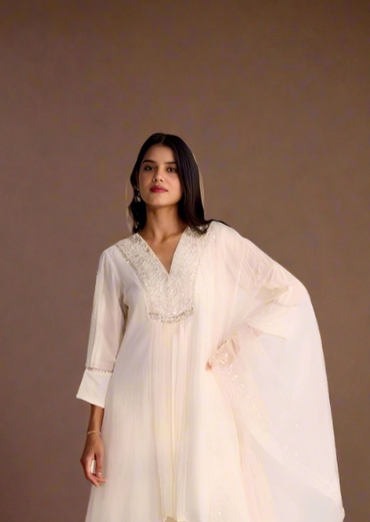 Milky White Up-Down Kurti Pant Set