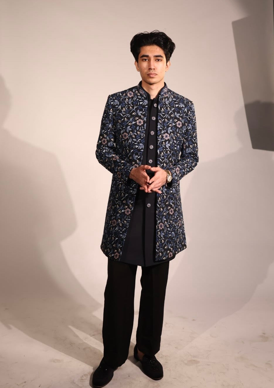 Midnight Blue Floral Embroidered Indo-Western Set