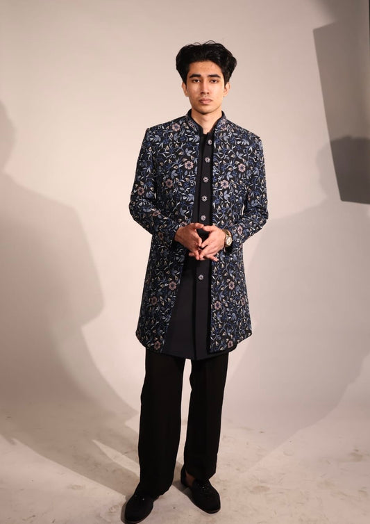 Midnight Blue Floral Embroidered Indo-Western Set