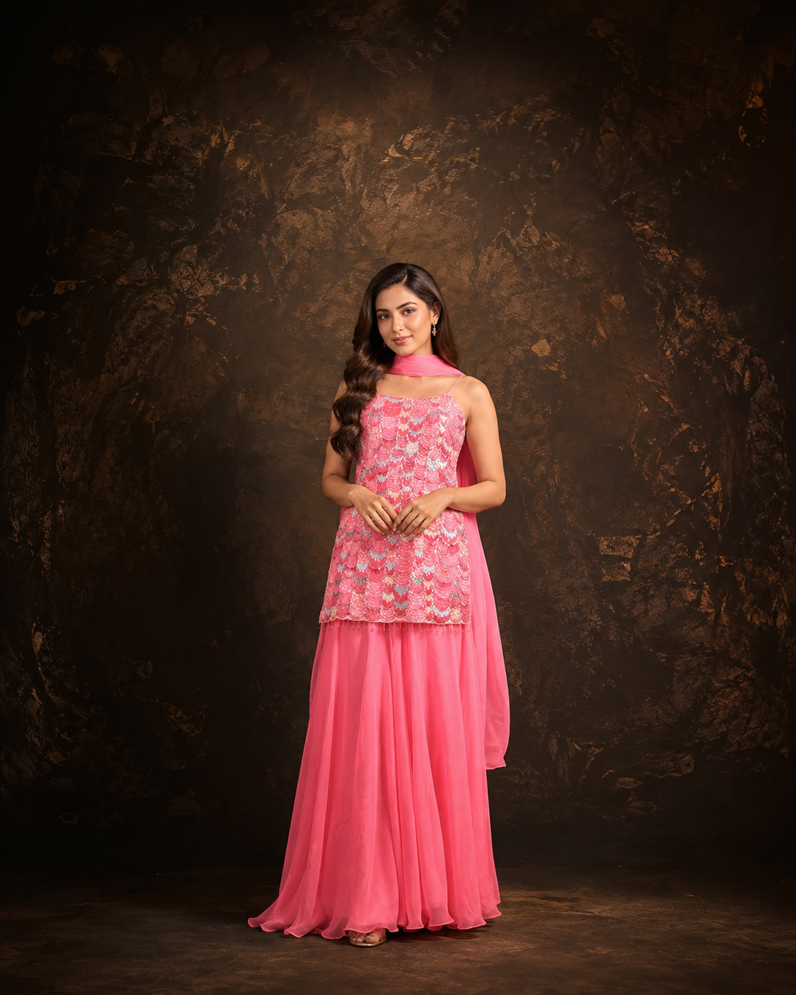Pink Embroidered Straight Cut Kurta Sharara Set with Sequin Work and Organza Dupatta