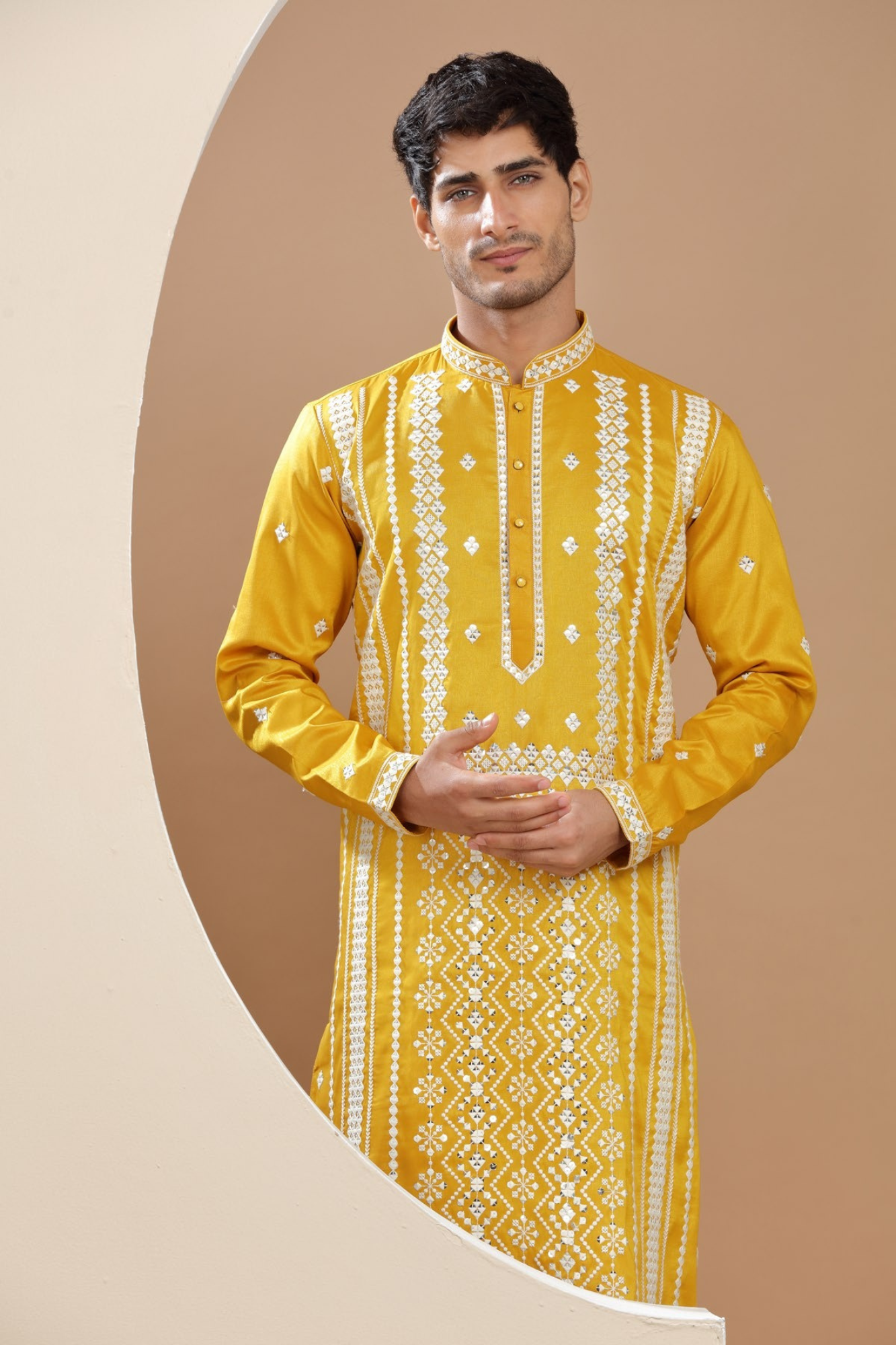 Mustard Yellow Mirror And Thread Embroidered Kurta Set