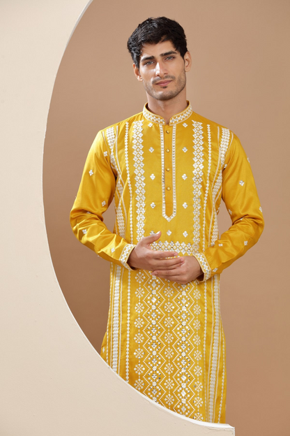 Mustard Yellow Mirror And Thread Embroidered Kurta Set