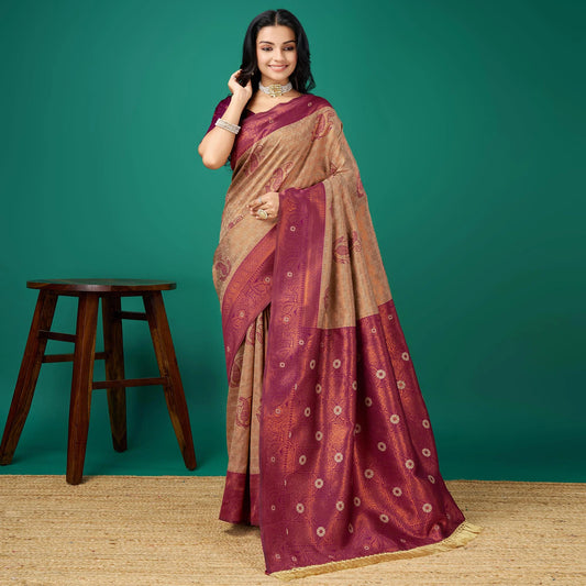 Chikoo Zari Woven Banarasi Saree with Decorative Tassels