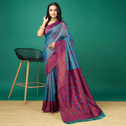Blue Zari Woven Banarasi Silk Saree with Tassels