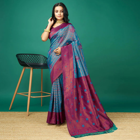 Blue Zari Woven Banarasi Silk Saree with Tassels