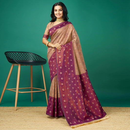 Chikoo Zari Woven Banarasi Silk Saree with Tassels