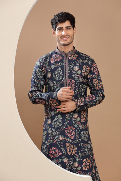 Navy Blue Flower Printed Kurta Set