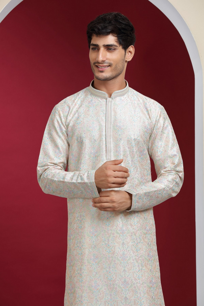 Off White Printed Handcraft  Kurta Set