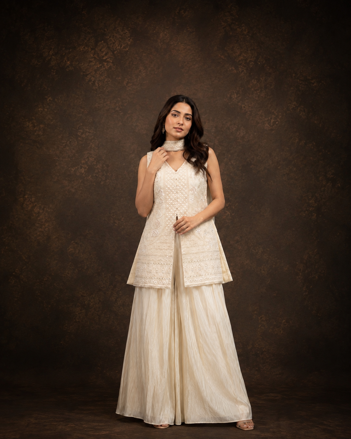 Off White Embroidered Front Open Jacket Style Palazzo Set