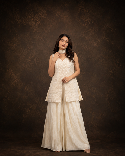 Off White Embroidered Front Open Jacket Style Palazzo Set