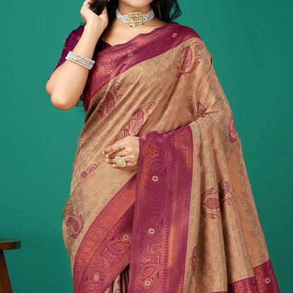 Chikoo Zari Woven Banarasi Saree with Decorative Tassels