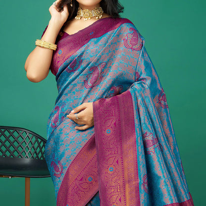 Blue Zari Woven Banarasi Silk Saree with Tassels
