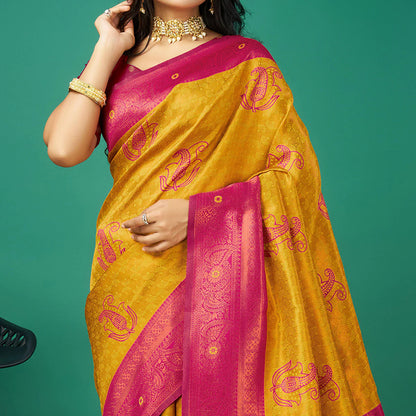 Gold Zari Woven Banarasi Silk Saree with Tassels