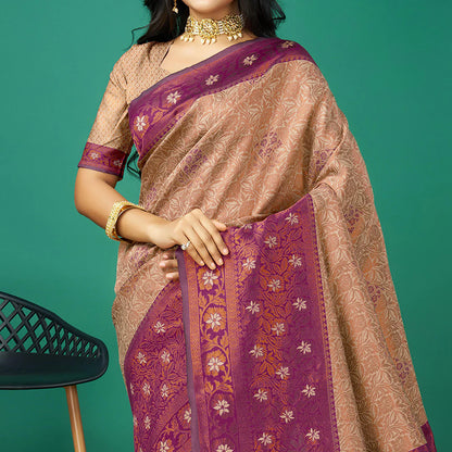 Chikoo Zari Woven Banarasi Silk Saree with Tassels