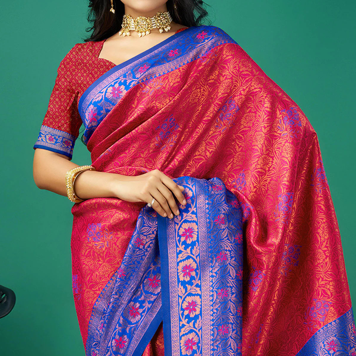 Rani Pink Zari Woven Banarasi Silk Saree