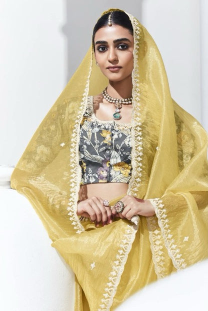 Organza Yellow Embroidered Classic Saree