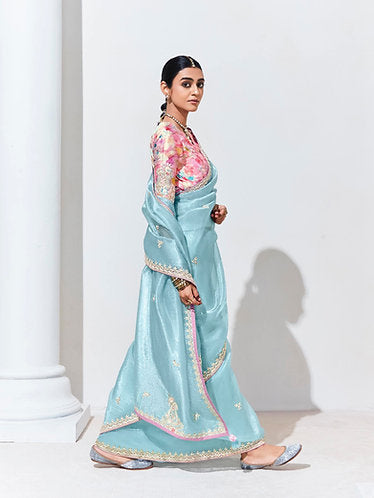 Cyan Opaque Silk Saree with Rose Pink Blouse
