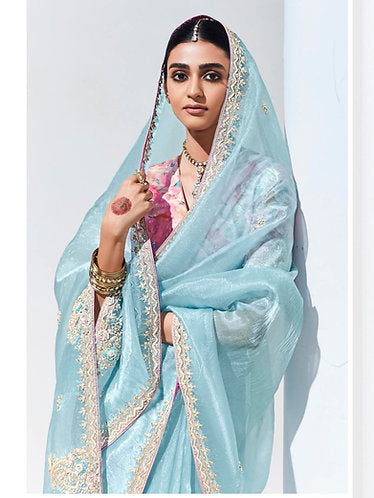 Cyan Opaque Silk Saree with Rose Pink Blouse