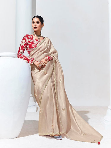 Coral Reef Art Silk Saree with Floral Red Blouse