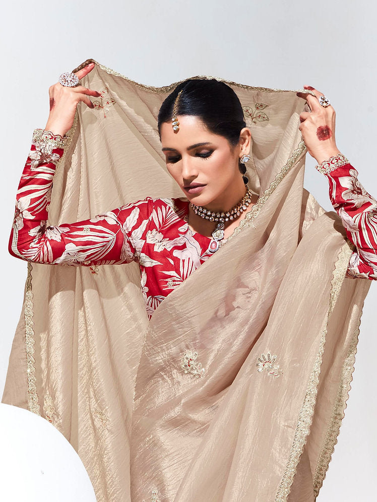 Coral Reef Art Silk Saree with Floral Red Blouse