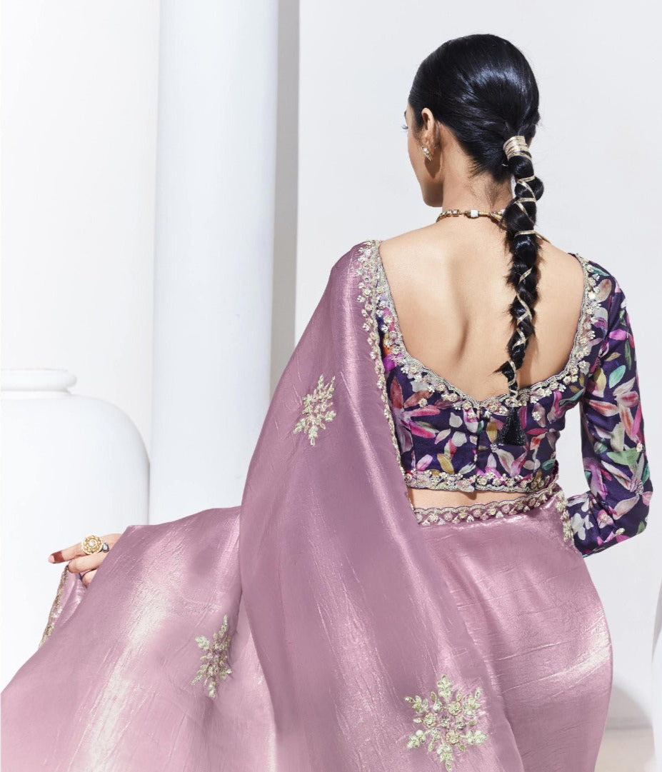 Oriental Pink Shade Designer Art Silk Saree with Floral Print Designer Blouse