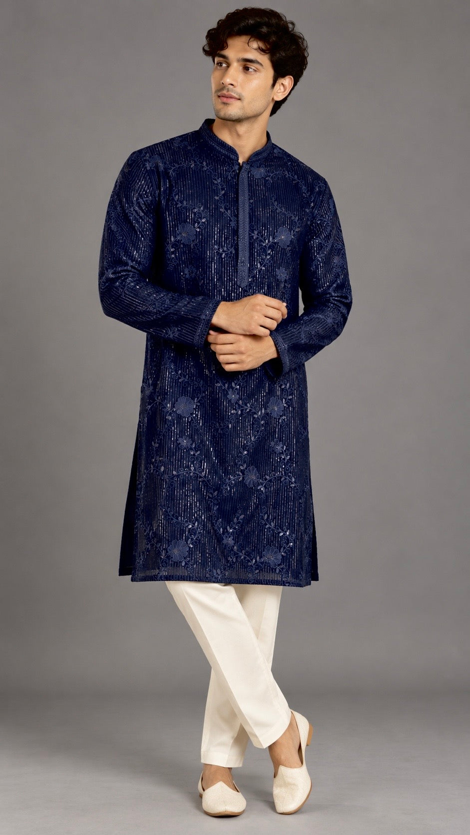 Navy Blue Sequins Embroidered Men's Kurta
