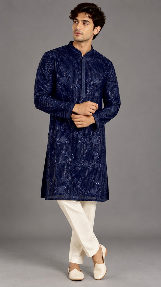 Navy Blue Sequins Embroidered Men's Kurta