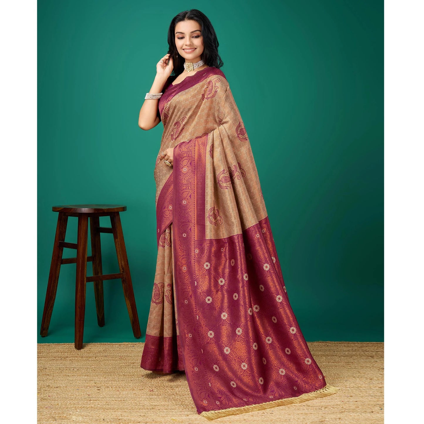 Chikoo Zari Woven Banarasi Saree with Decorative Tassels