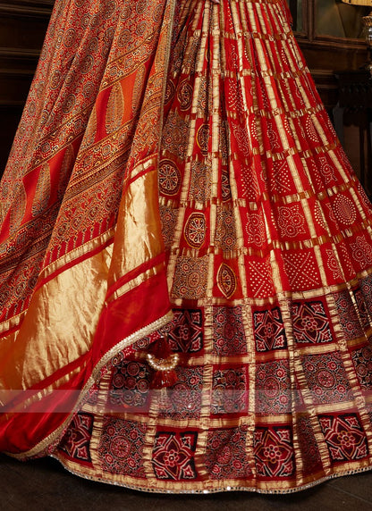 Maroon Ajrakh Printed Gajji Silk Lehenga Chol
