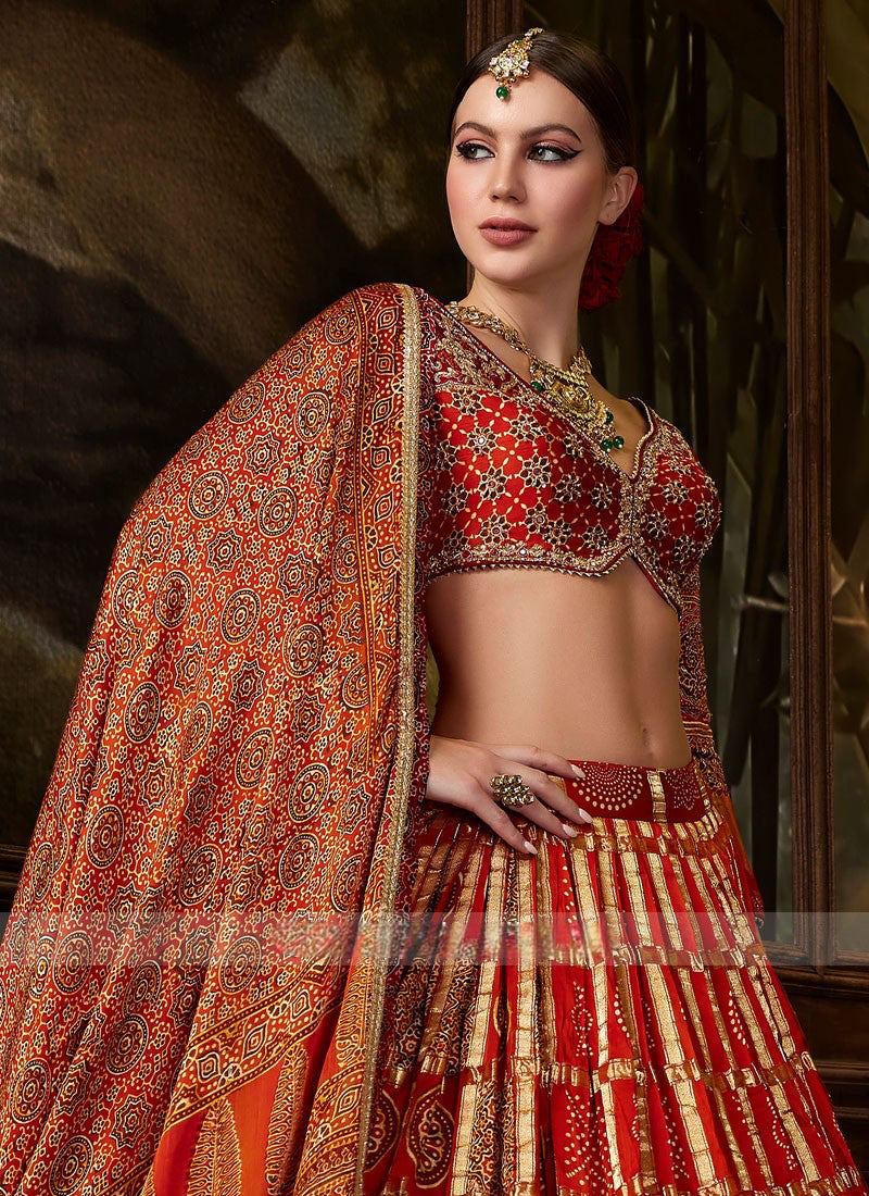 Maroon Ajrakh Printed Gajji Silk Lehenga Chol