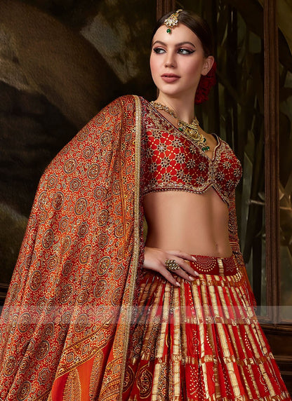 Maroon Ajrakh Printed Gajji Silk Lehenga Chol
