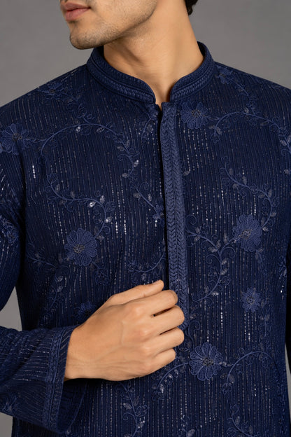 Navy Blue Sequins Embroidered Men's Kurta
